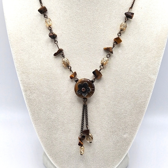 VINTAGE Avon KR Tiger's Eye Medallion Beaded Lariat Necklace - Picture 1 of 6